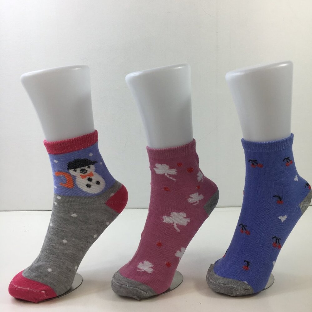 Womens Crew Socks Set 3 Snowman Clover Cherry Heart Print Dots Gray Pink Blue